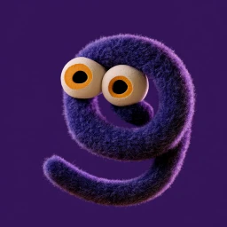 Felt brand mark: a purple looping form with two large eyes