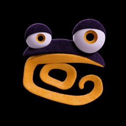 Felt brand mark: a dark creature face with an orange curl